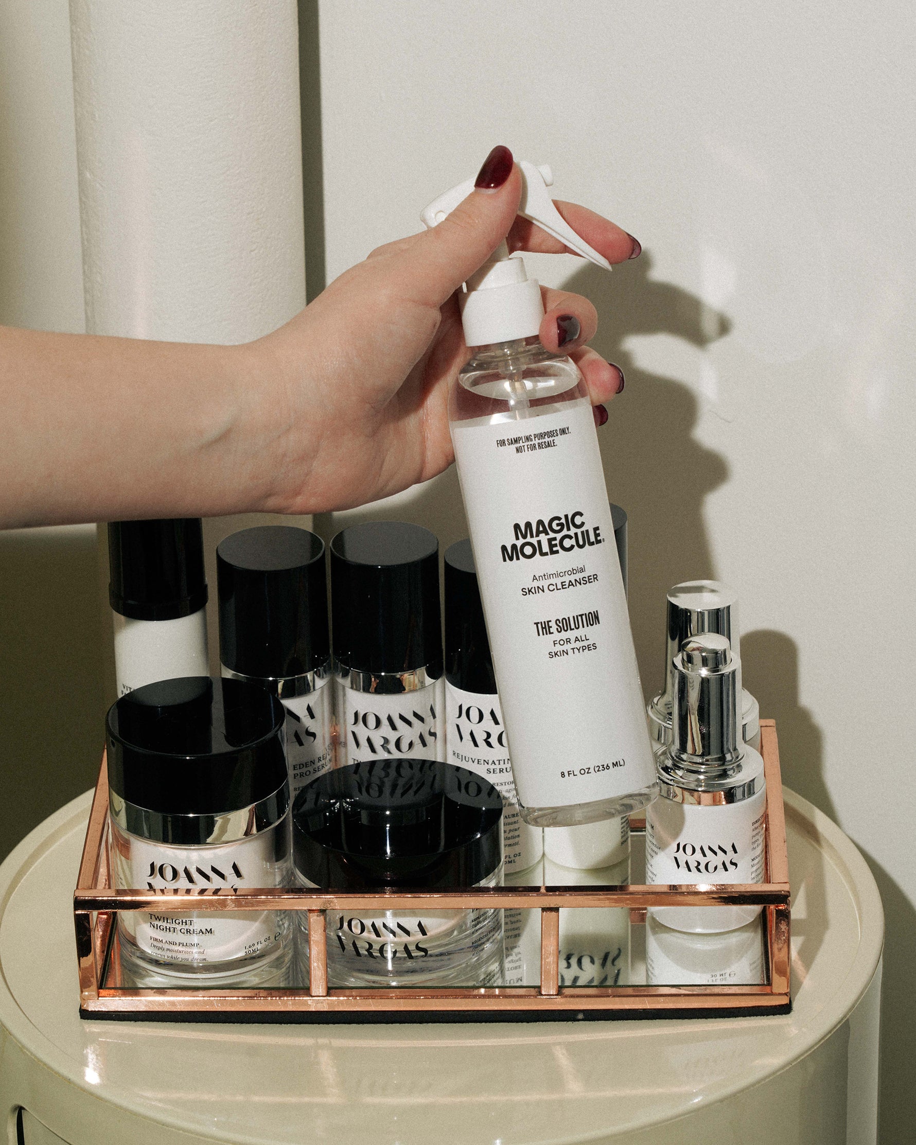 Professional spray held above Joanna Vargas products 